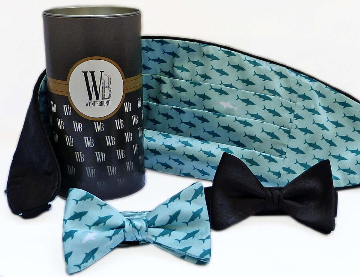 Reversible Cummerbund and Bow Set in Sharky Waters by Wonderbund - Country Club Prep