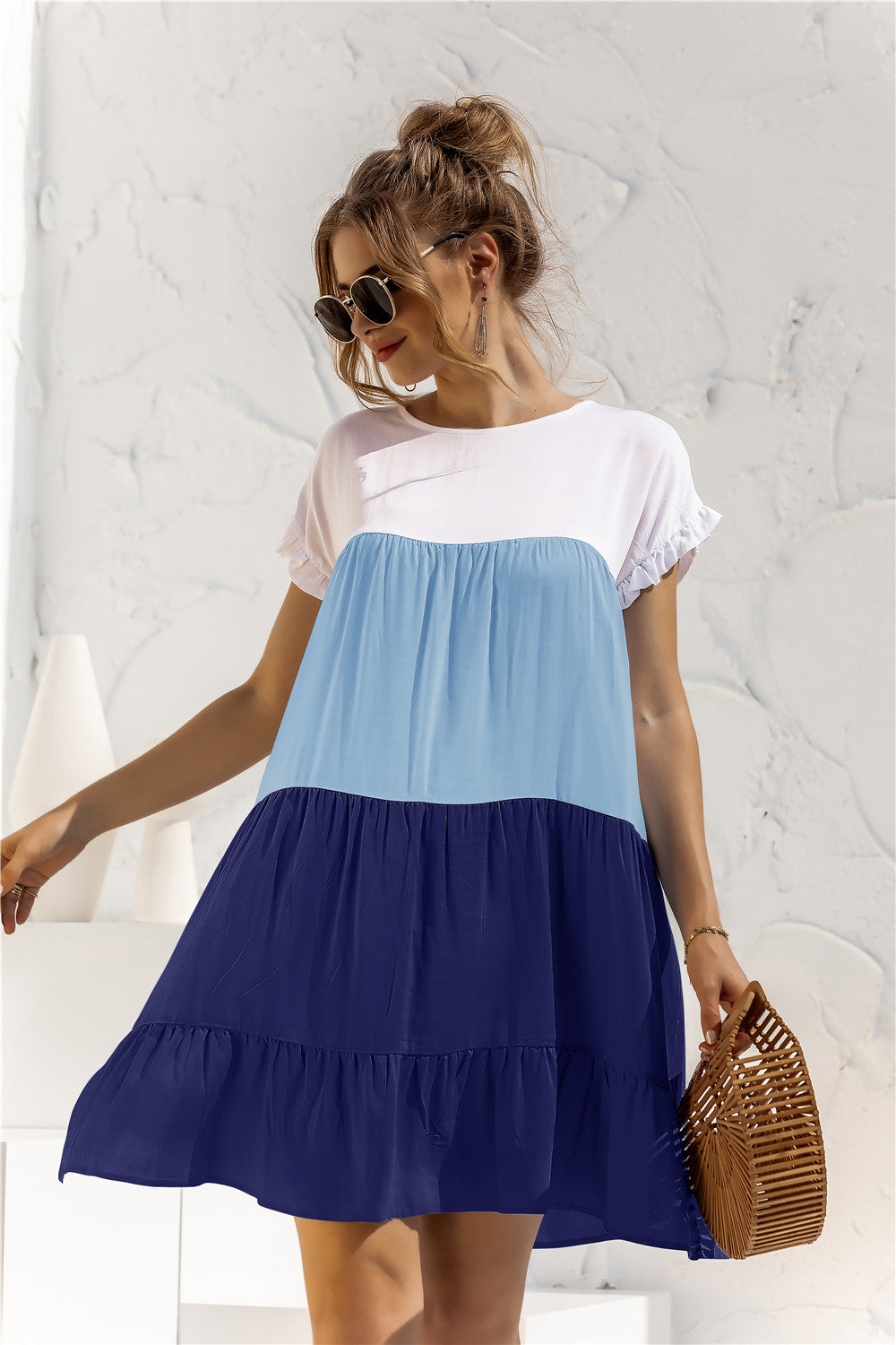 Color Block Round Neck Ruffle Hem Dress - Country Club Prep