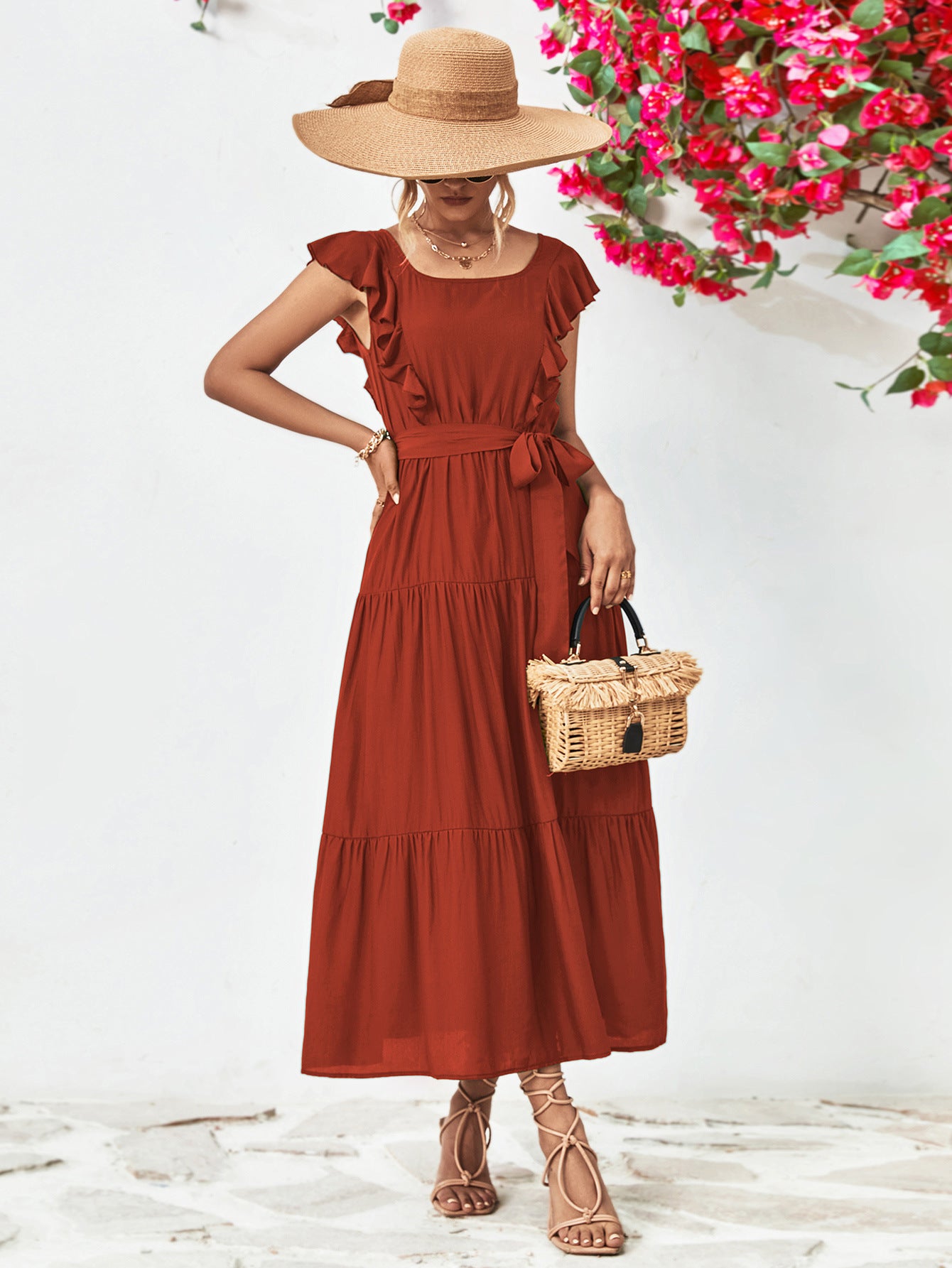 red dress with brown belt Zara Rose Crochet Maxi Dress main image 1