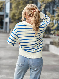 Striped Ribbed Trim Collared Knit Sweater - Country Club Prep