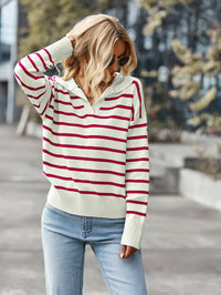 Striped Ribbed Trim Collared Knit Sweater - Country Club Prep