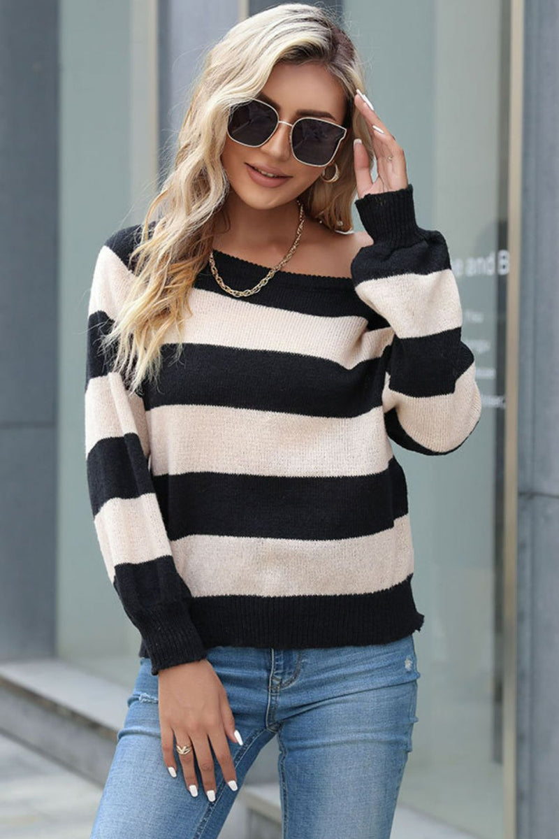 Horizontal Stripe Raglan Sleeve Sweater - Country Club Prep