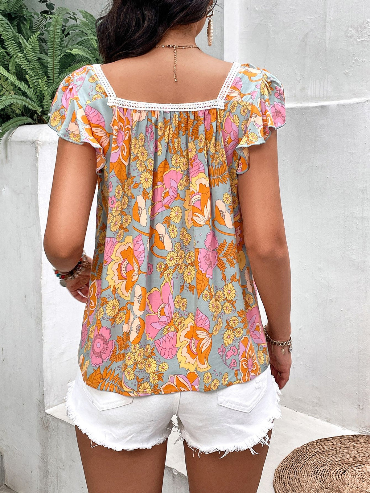 Floral Square Neck Flutter Sleeve Blouse - Country Club Prep