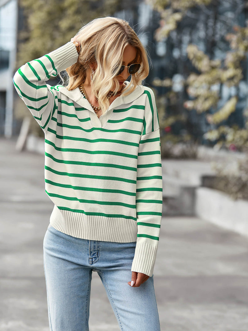 Striped Ribbed Trim Collared Knit Sweater - Country Club Prep