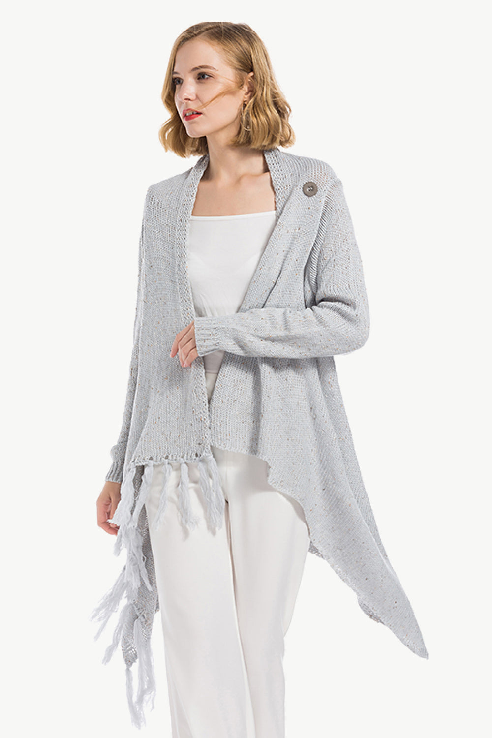 One-Button Tassel Tie Asymmetrical Hem Cardigan - Country Club Prep