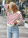 Striped Ribbed Trim Collared Knit Sweater - Country Club Prep