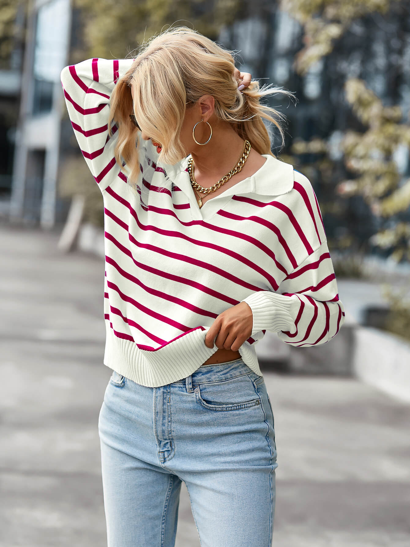 Striped Ribbed Trim Collared Knit Sweater - Country Club Prep