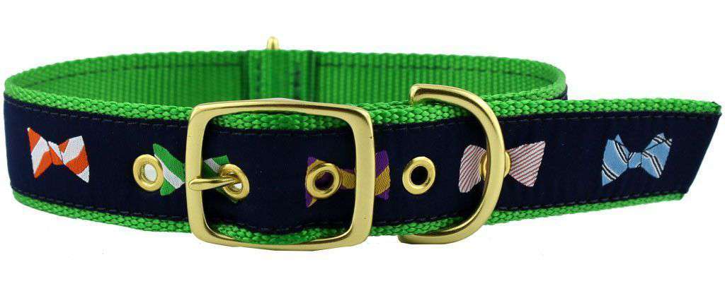 Dog Collar in Navy Ribbon on Kelly Green Canvas with Bow Ties by Country Club Prep - Country Club Prep