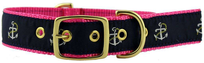 Dog Collar in Navy Ribbon on Pink Canvas with Anchors by Country Club Prep - Country Club Prep