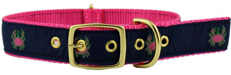 Dog Collar in Navy Ribbon on Pink Canvas with Crabs by Country Club Prep - Country Club Prep