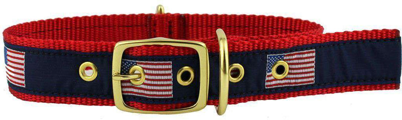 Dog Collar in Navy Ribbon on Red Canvas with American Flags by Country Club Prep - Country Club Prep