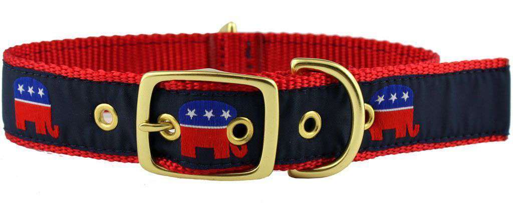 Dog Collar in Navy Ribbon on Red Canvas with Elephants by Country Club Prep - Country Club Prep