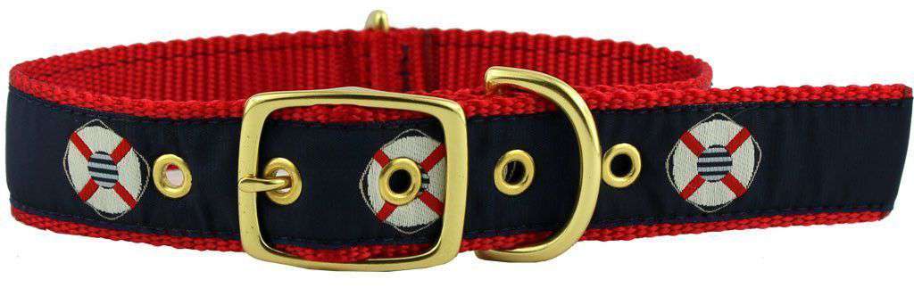 Dog Collar in Navy Ribbon on Red Canvas with Life Savers by Country Club Prep - Country Club Prep