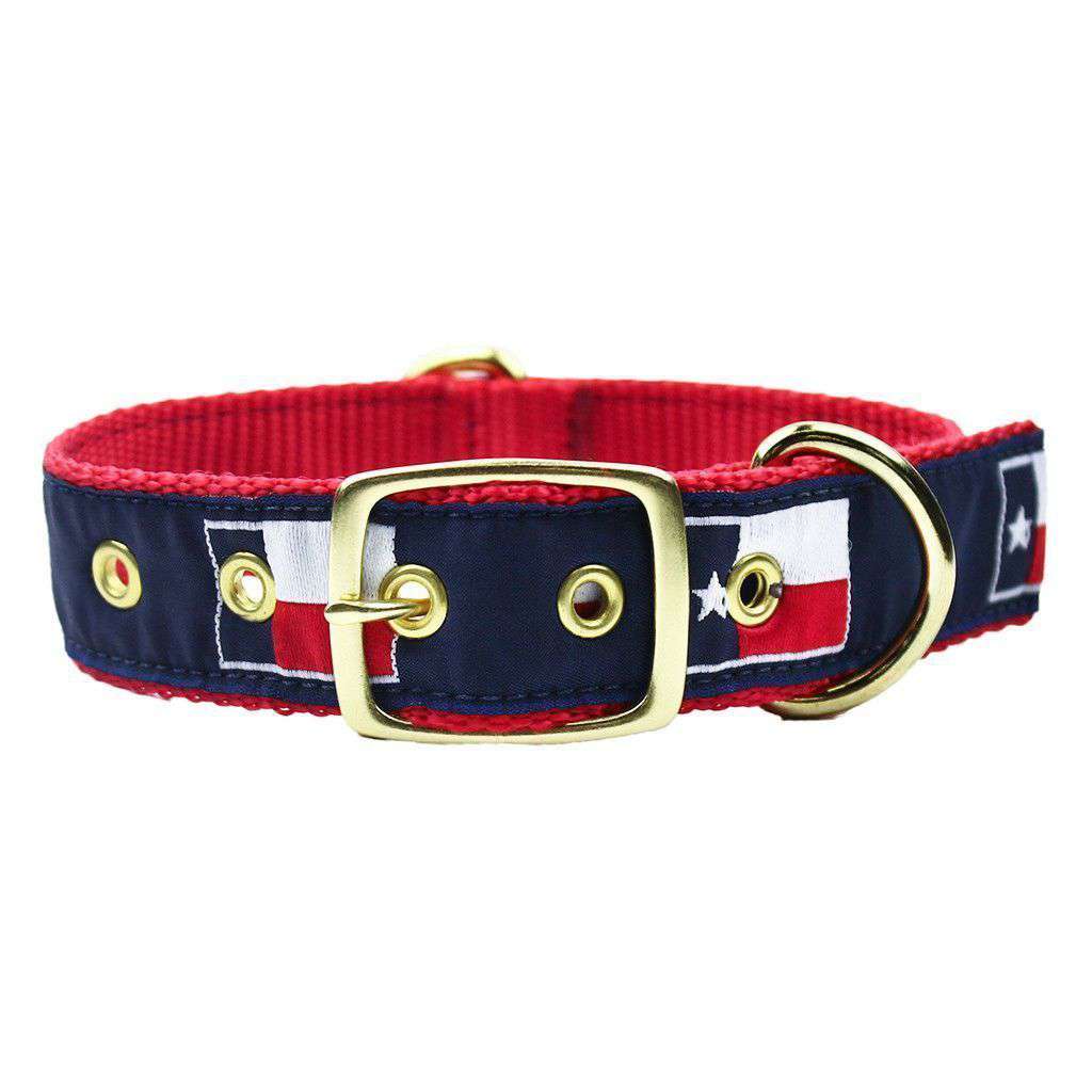 Dog Collar in Navy Ribbon on Red Canvas with Texas Flags by Country Club Prep - Country Club Prep