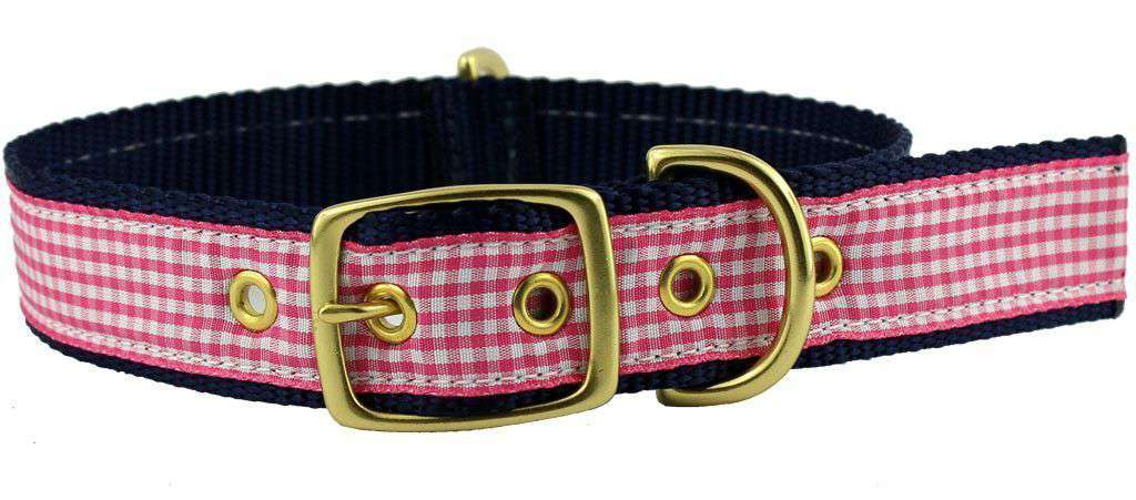 Dog Collar in Pink Gingham Ribbon on Navy Canvas by Country Club Prep - Country Club Prep