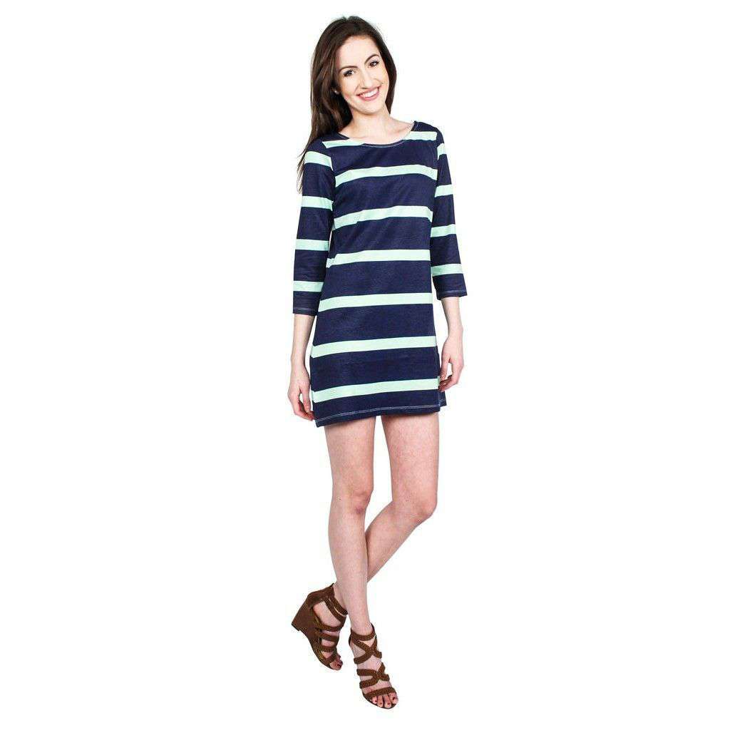 3/4 Sleeve Dress in Navy and Green Broad Stripe by Hiho - Country Club Prep