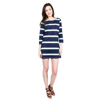 3/4 Sleeve Dress in Navy and Green Broad Stripe by Hiho - Country Club Prep