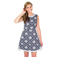 Basket Weave Drop Fit & Flare Dress in Navy Sun Print by Sail to Sable - Country Club Prep