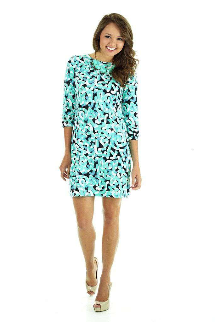 Candice Graffiti 3/4 Sleeve Shift Dress in Graffitti Seafoam by Tracy Negoshian - Country Club Prep