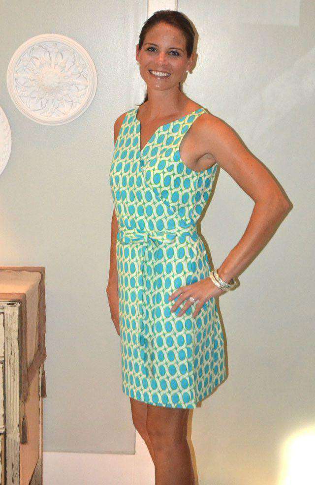 Cotton Printed Wrap Dress in Meandering Turq by Gretchen Scott  Designs-medium  Country Club Prep