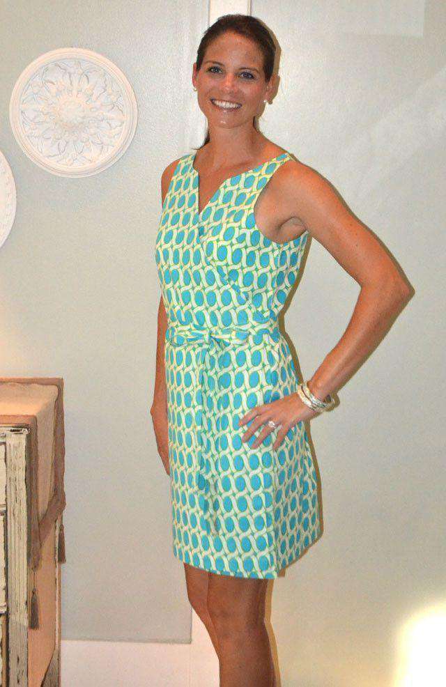 Cotton Printed Wrap Dress in Meandering Turq by Gretchen Scott Designs - Country Club Prep