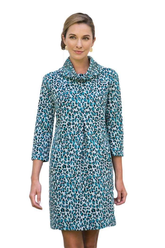 Kim Cowl Dress in Leopard Seaglass Blue by Tyler Boe - Country Club Prep