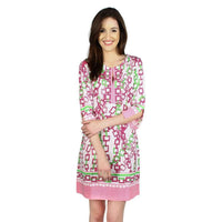 Knit Slit Neck Tunic Dress in Pink and Lime Square Chains by Barbara Gerwit - Country Club Prep