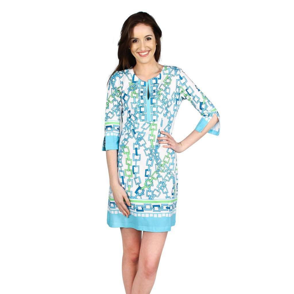 Knit Slit Neck Tunic Dress in Seafoam and Green Square Chains by Barbara  Gerwit