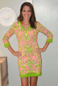 Knit V-neck Dress in Pink and Green by Barbara Gerwit - Country Club Prep