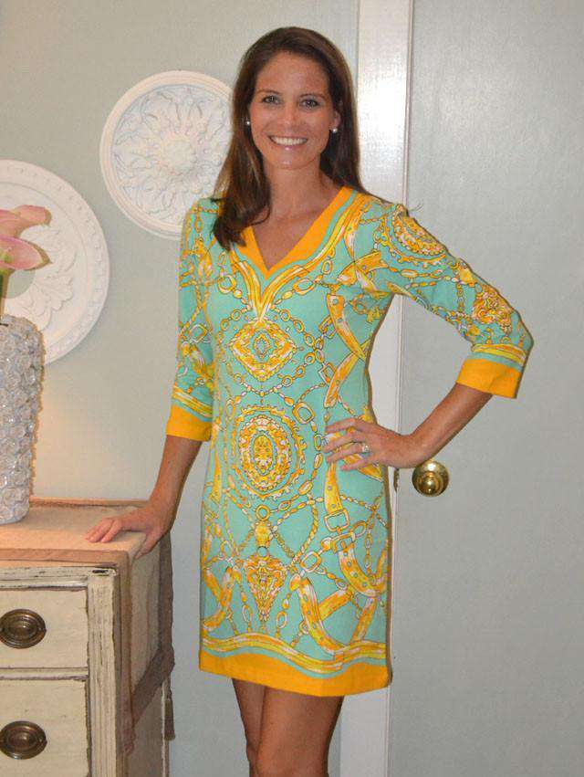 Knit V-neck Dress in Seafoam and Gold by Barbara Gerwit - Country Club Prep