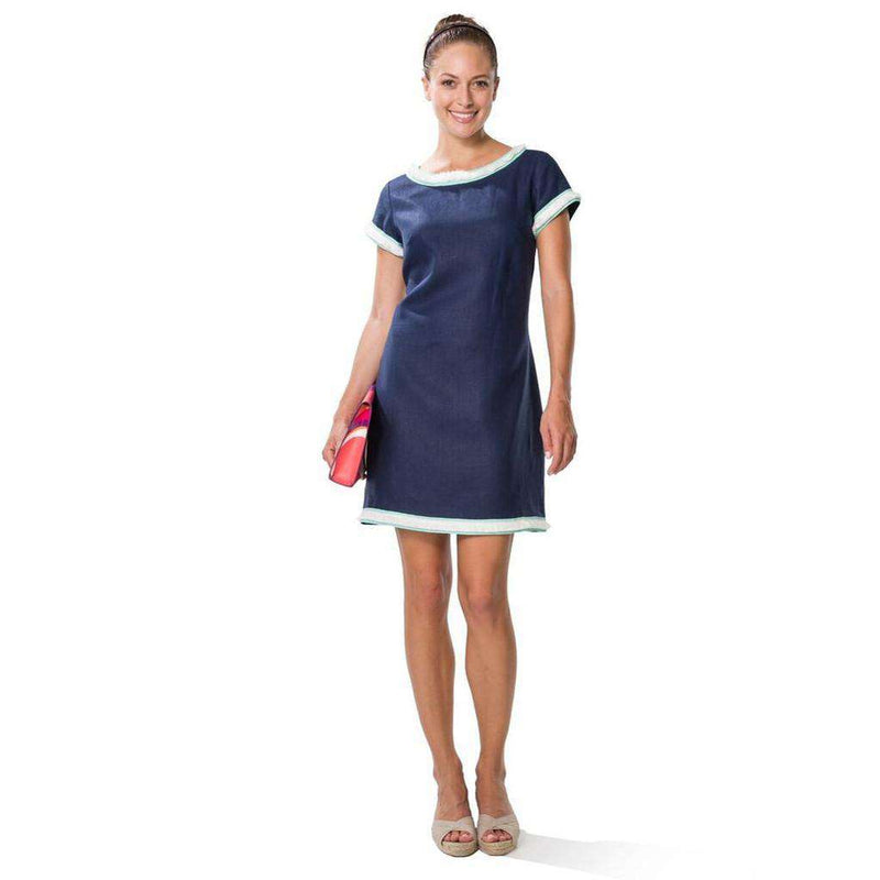 Sail to Sable Linen Shift Dress with Fringe Trim in Navy Country Club Prep Sail to Sable Linen Shift Dress with Fringe Trim in Navy Country Club Prep