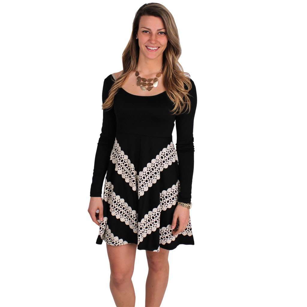knee length dresses for ladies Judith March Long Sleeve Ponte Dress in Black with Circular Skirt and  Crochet Detail – Country Club Prep