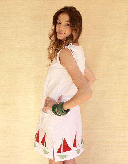 Lyndal Dress in White Twill with Sailboats by Kayce Hughes - Country Club Prep