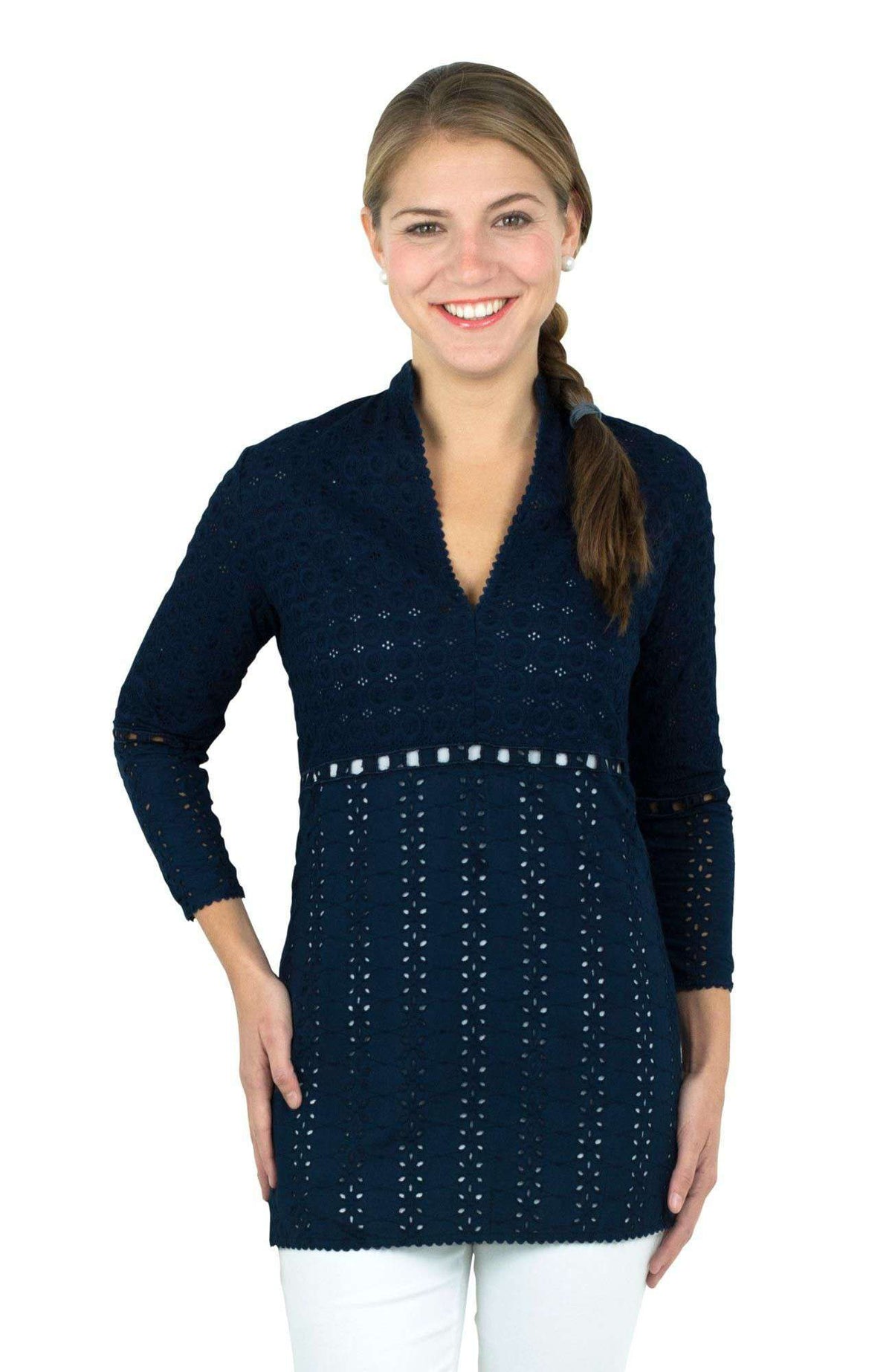 Mixed Eyelet Tunic in Navy by Gretchen Scott Designs - Country Club Prep
