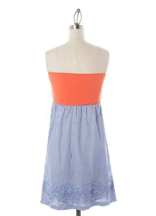 orange-tube-top-dress-with-blue-and-white-stripe-rosette-skirt-by-judith-march - Country Club Prep