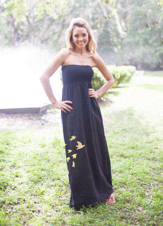 strapless-linen-maxi-dress-in-black-featuring-flock-of-birds-by-judith-march - Country Club Prep