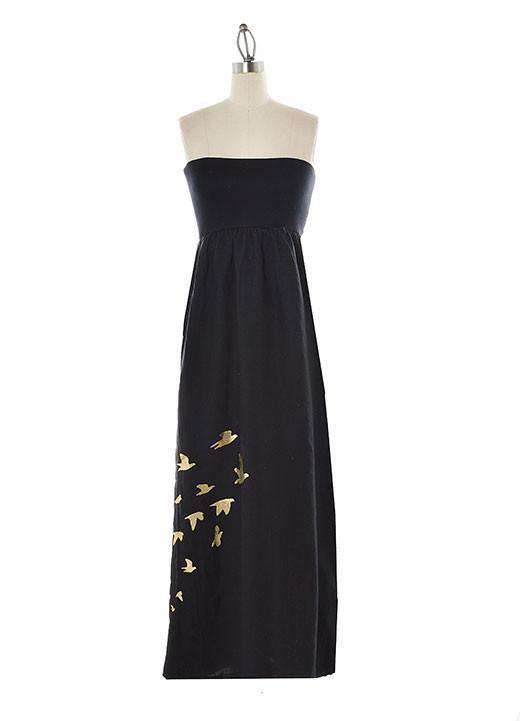 strapless-linen-maxi-dress-in-black-featuring-flock-of-birds-by-judith-march - Country Club Prep