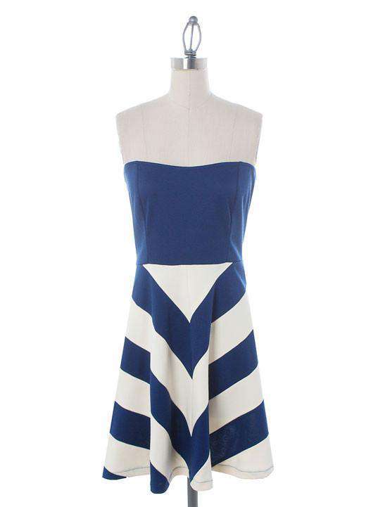 strapless-ponte-dress-in-navy-with-navy-cream-chevron-skirt-by-judith-march - Country Club Prep