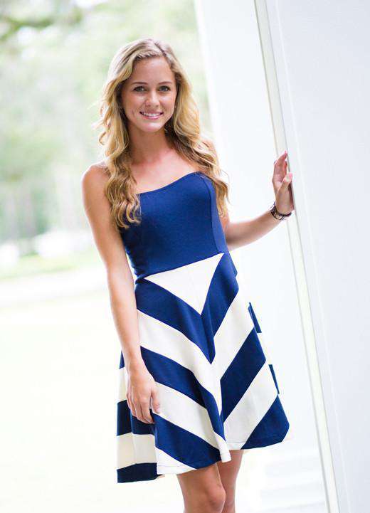 strapless-ponte-dress-in-navy-with-navy-cream-chevron-skirt-by-judith-march - Country Club Prep