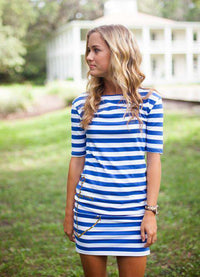 Stretch Cotton Tunic in Navy and White with Gold Anchor by Judith March - Country Club Prep