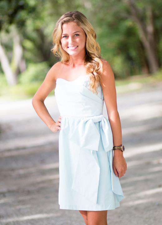 Thin Stripe Sweetheart Strapless Dress in Aqua and White with Side Bow by Judith March - Country Club Prep