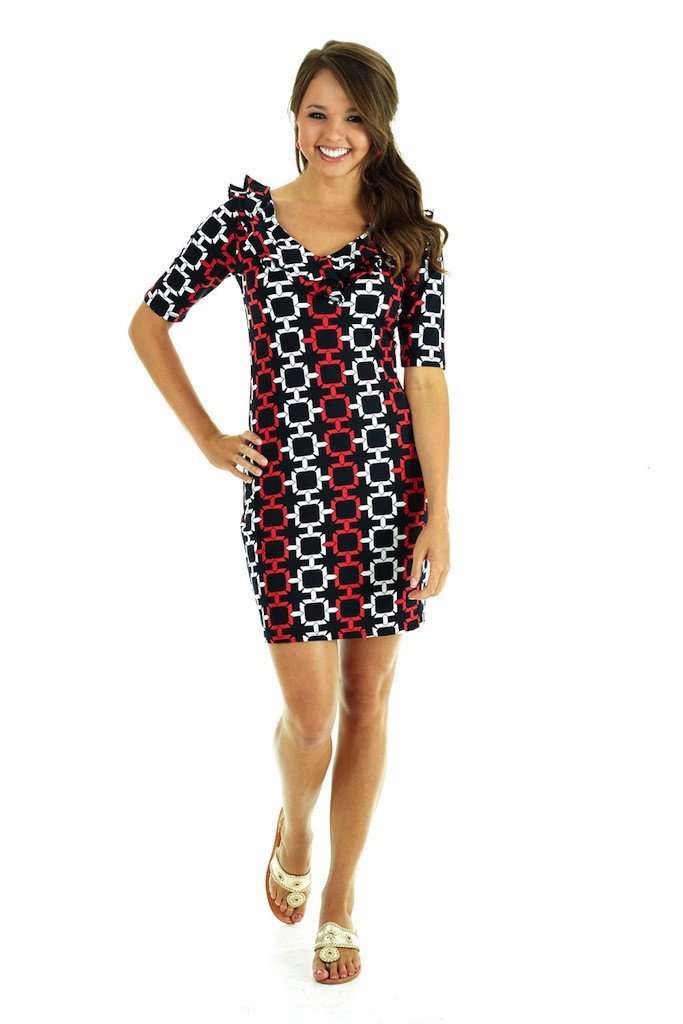 Tiffany Ruffle Neckline Shift Dress in Black and Red by Tracy Negoshian - Country Club Prep