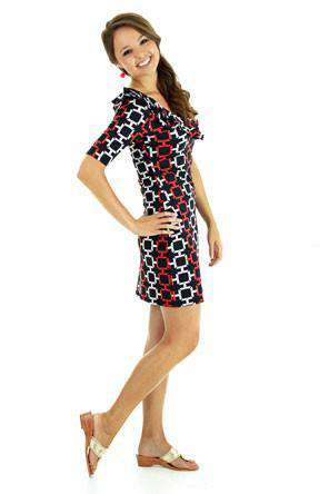 Tiffany Ruffle Neckline Shift Dress in Black and Red by Tracy Negoshian - Country Club Prep