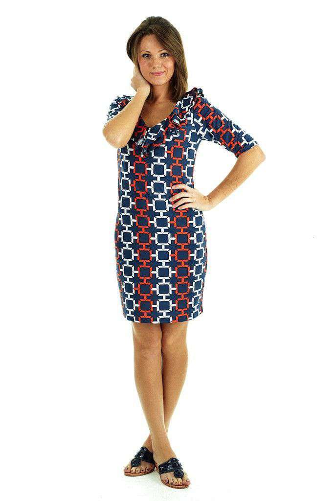 Tiffany Ruffle Neckline Shift Dress in Navy and Orange by Tracy Negoshian - Country Club Prep