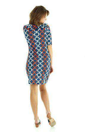 Tiffany Ruffle Neckline Shift Dress in Navy and Orange by Tracy Negoshian - Country Club Prep