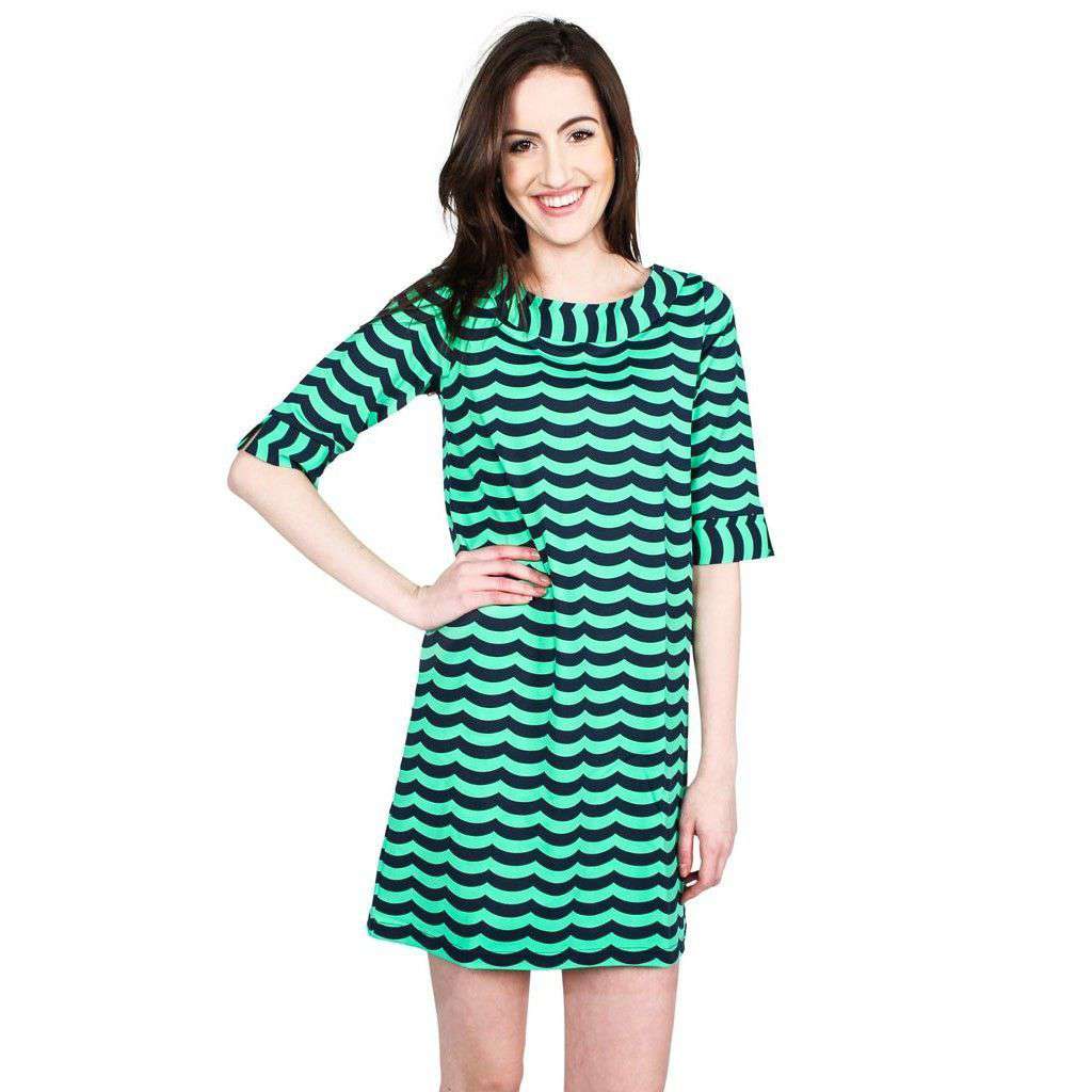 Yacht Club Shift 3/4 Sleeve Dress in Navy/Green Waves by Just Madras - Country Club Prep