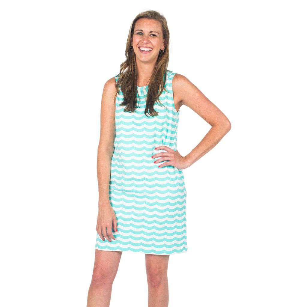 Yacht Club Shift Dress in Aqua/White Waves by Just Madras - Country Club Prep