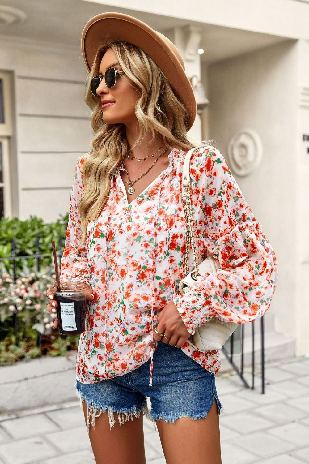 Floral Tie Neck Lantern Sleeve Blouse - Country Club Prep