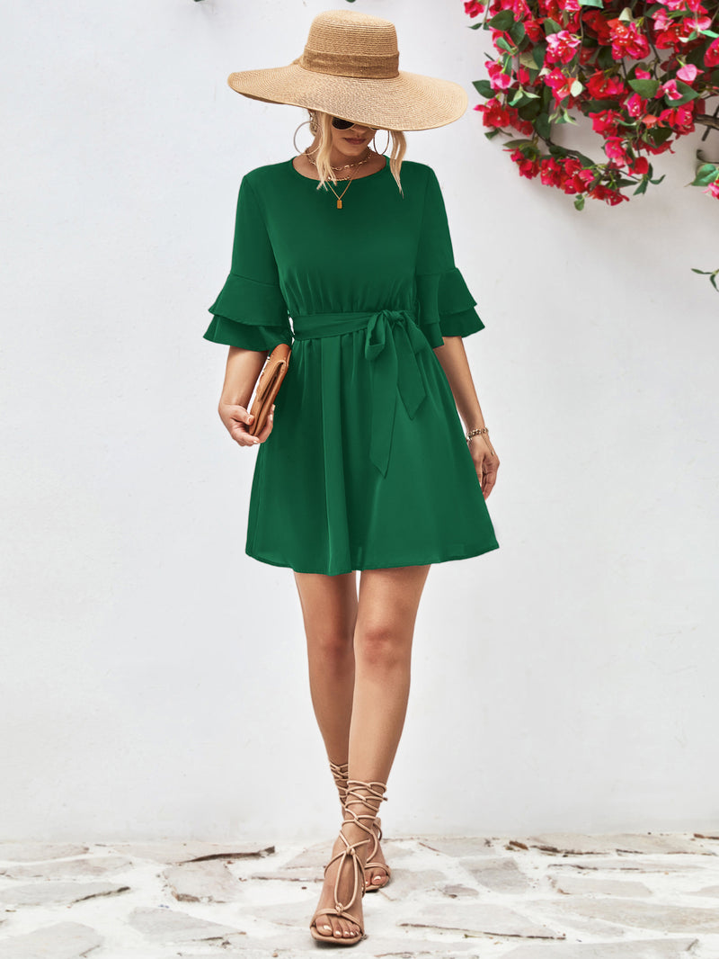 Round Neck Tie Belt Flounce Sleeve Dress - Country Club Prep