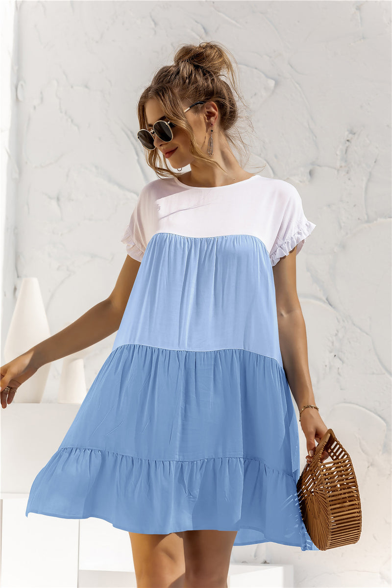 Color Block Round Neck Ruffle Hem Dress - Country Club Prep